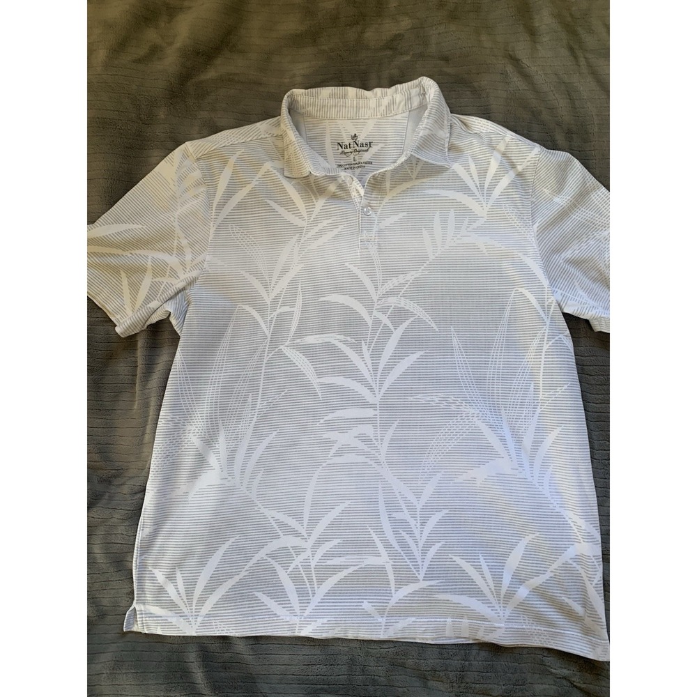 Nat Nast Polo Shirt Men L Luxury Originals Short‎ Sleeve White Gray Leaf Print